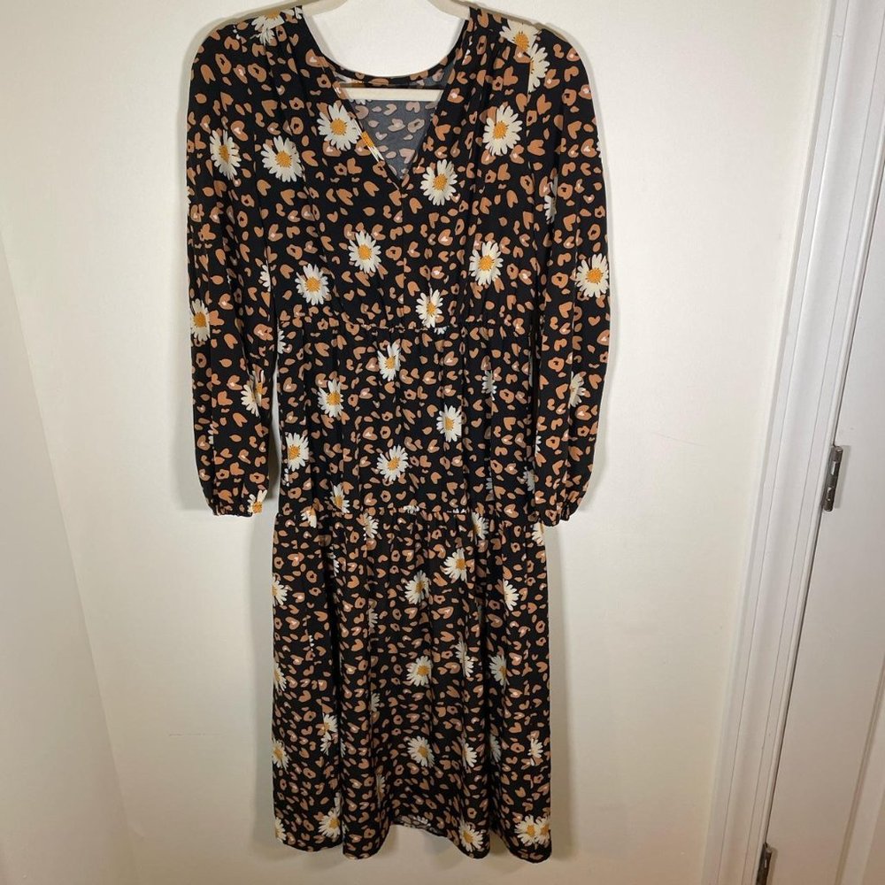 Shein Floral & Leopard Print Long Sleeve Maxi Dress